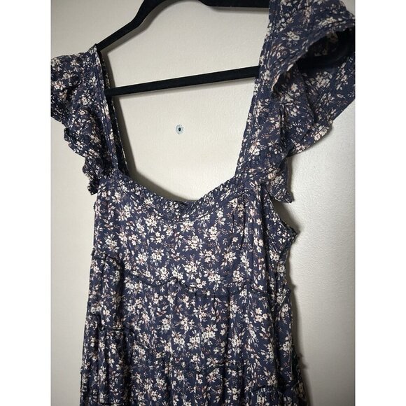 Navy Floral Tiered Ruffle Flower Flutter Sleeve Wedding Guest Short Dress Large - Picture 7 of 7